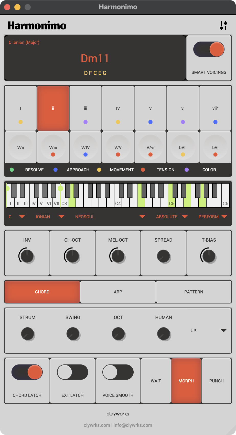 Harmonimo's chord pads, keyboard and harmony controls