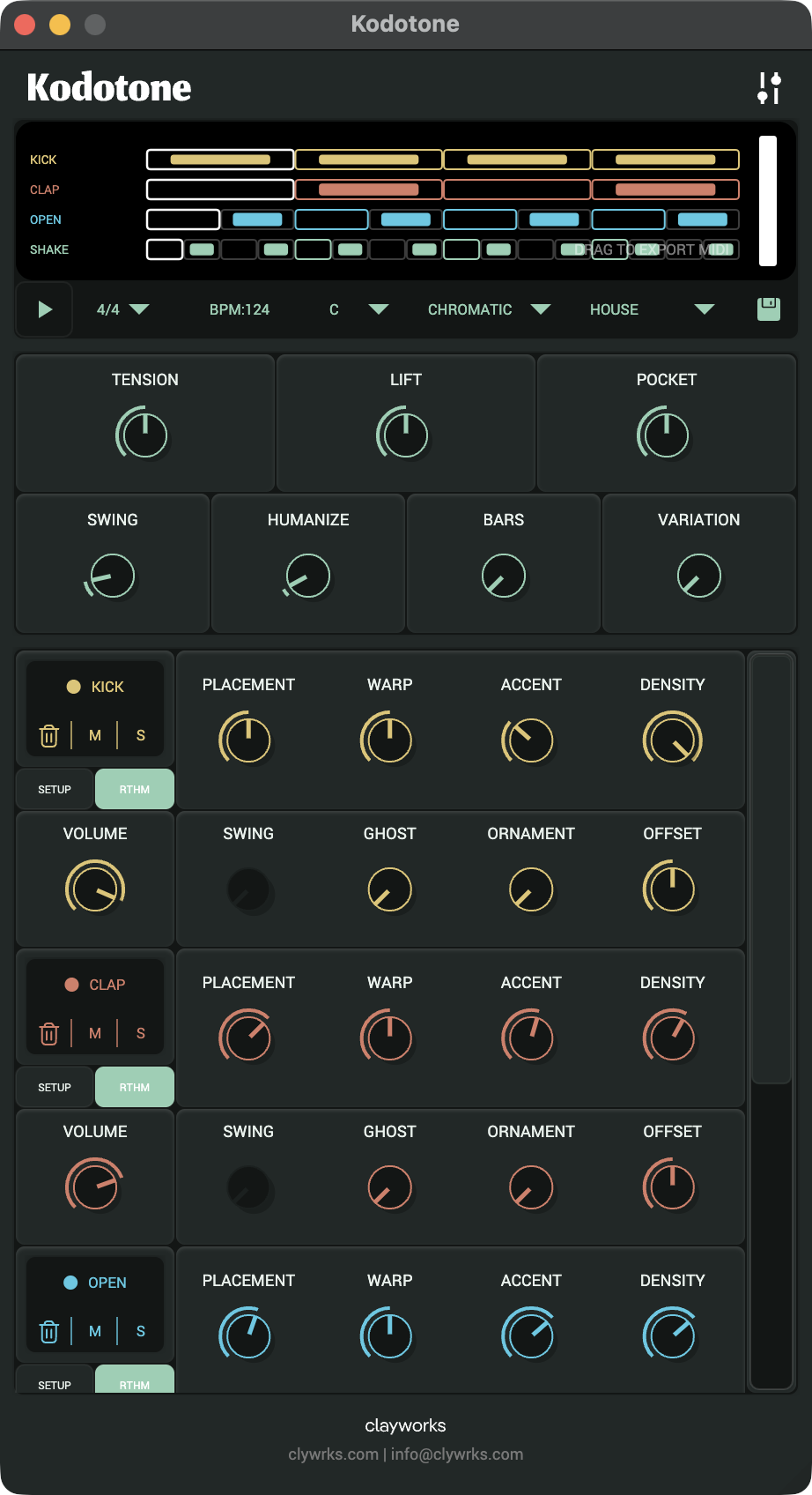 Kodotone's drum patterns and rhythm controls